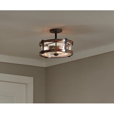 Kichler Barrington 14.75-in Distressed Black and Wood Tone Indoor 3 -Light Semi-flush Mount Light with Seeded Glass