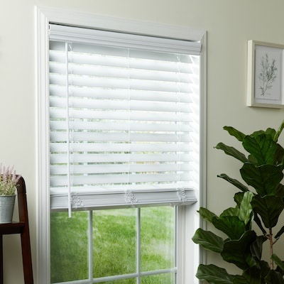 allen + roth Trim at Home 2-in Slat Width 34-in x 64-in Cordless White Faux Wood Room Darkening Horizontal Blinds 