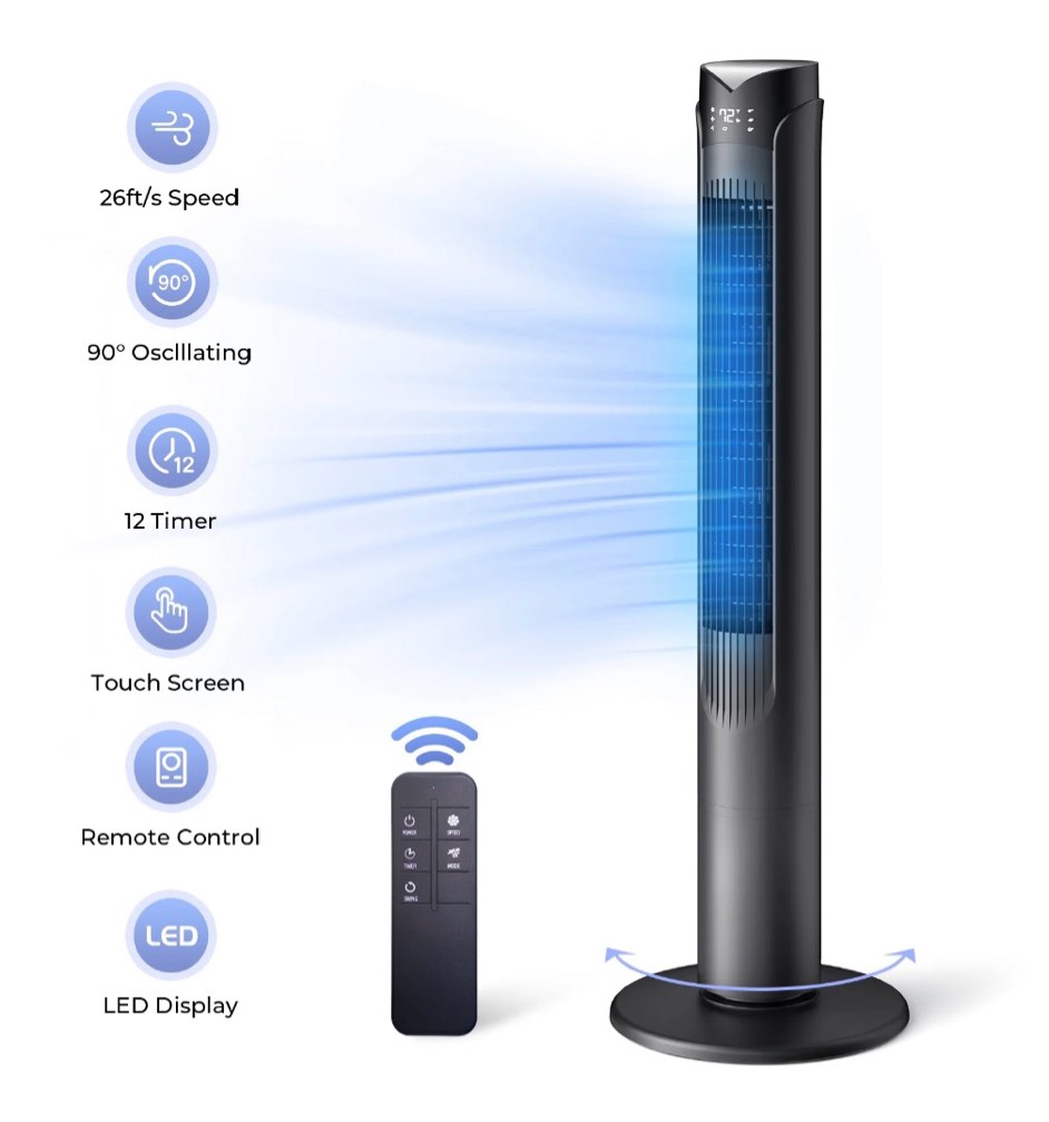 41  Tower Fan with Remote  90° Oscillating Fans with 3 Speeds  3 Modes  26 ft/s High Velocity  LED Display  12H Timer  For Home  Living Room  Office