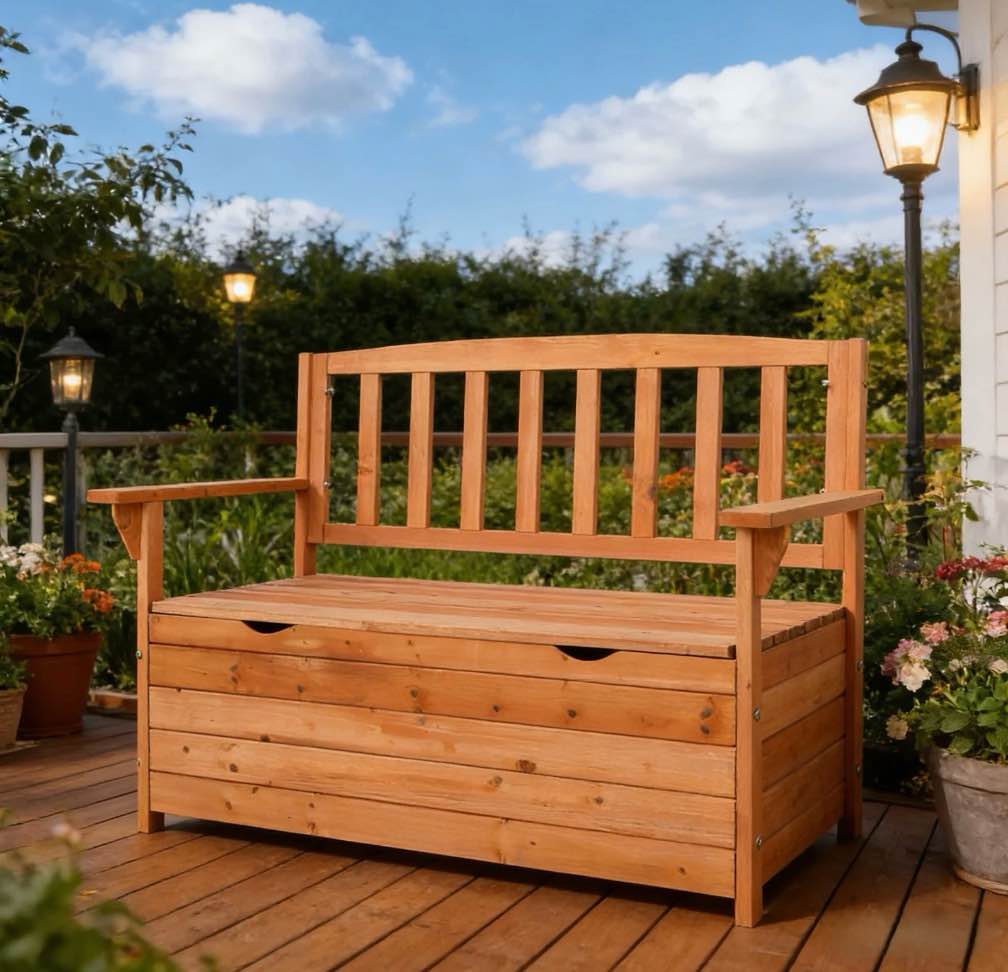 Zimtown 44" Outdoor Cedar Storage Bench with Backrest and Armrest, Large Patio Deck Box for Garden Tools and Cushions