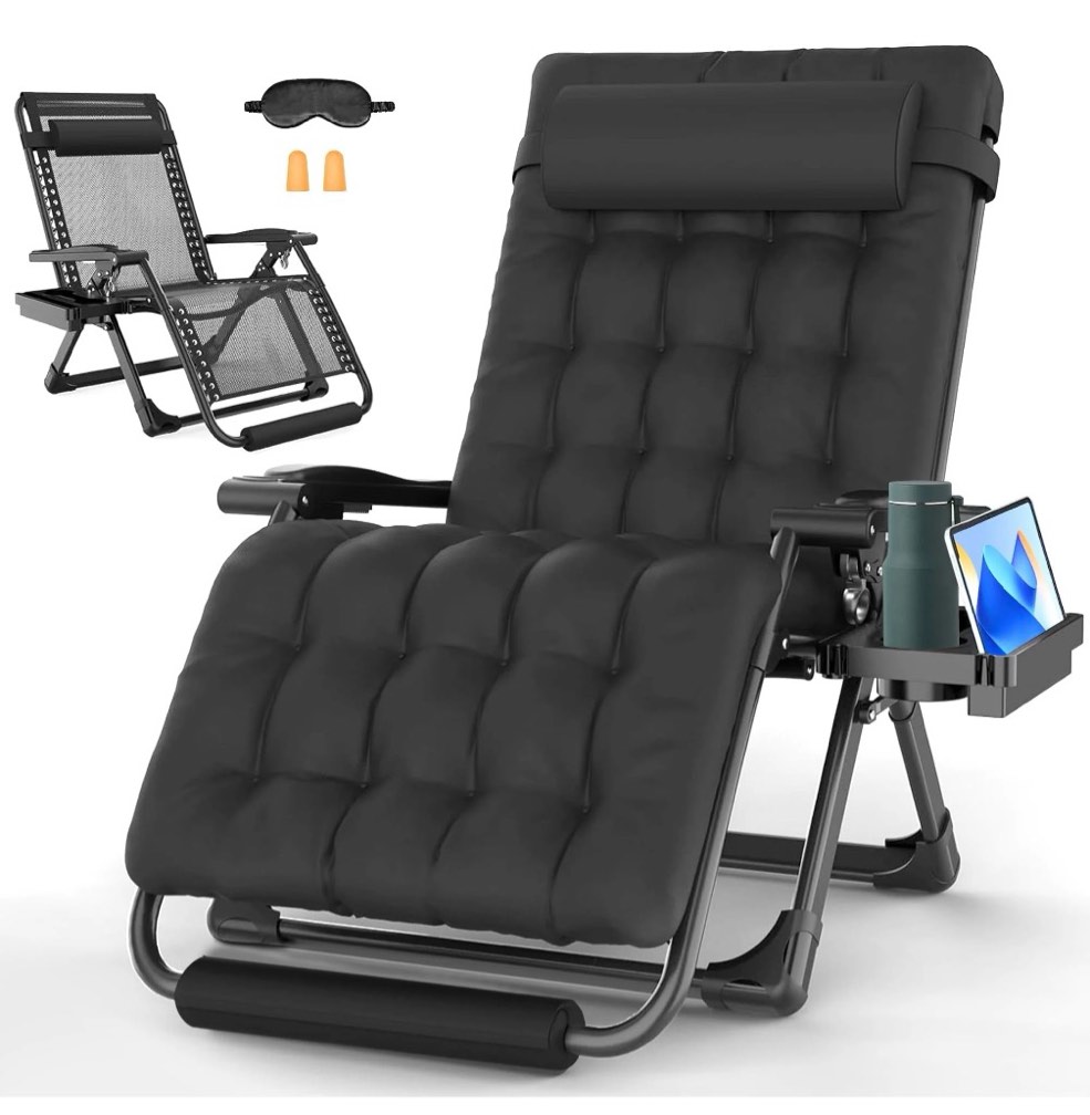 GVDV Oversized Zero Gravity Chair, 33In XXL Lounge Chair 500lbs Capcity with Removable Thick Cushion, Lawn Patio Reclining Chair Upgraded Alloy Lock and Cup Holder, for Indoor Outdoor, Black