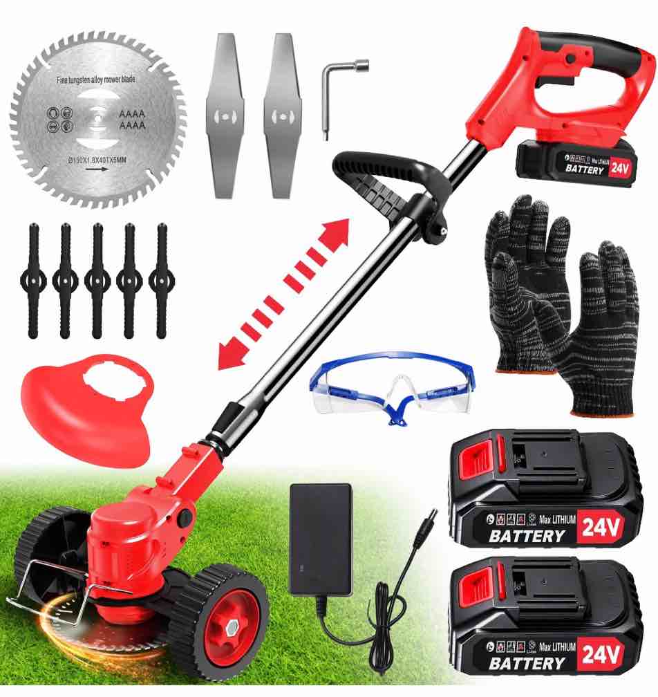 TNTANTS Electric Weed Wacker  Cordless String Trimmer with Wheels  2Pcs 24V Batteries  3 Types of Blades  Adjustable Length  Weed Eater Grass Trimmer/Edger/Brush Cutter for Lawn Yard Garden (Red)
