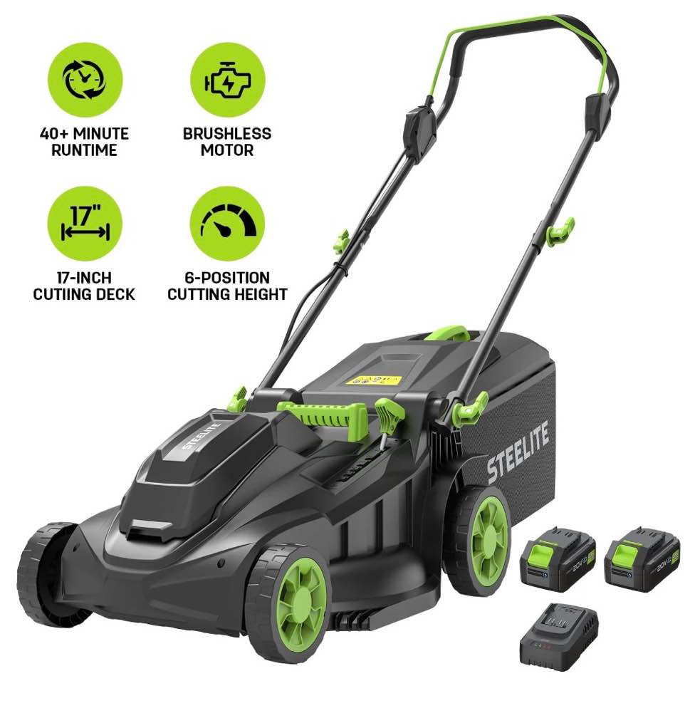Steelite 17-Inch Cordless Lawn Mower, 2x21v Electric Lawn Mowers With Brushless Motor For Garden,2*4.0ah Battery & Charger Included