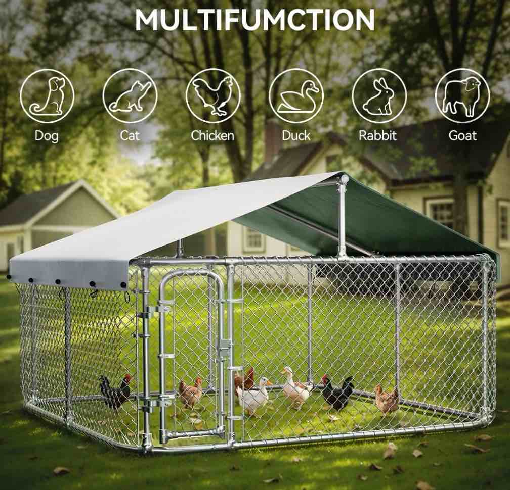 DOMIPET 10 x 10FT Large Outdoor Dog Kennel with Waterproof Roof, Heavy Duty Shade Dog Cage Pet Kennel House, Dog Enclosure for Outside, Dog Fence Playpen Weatherproof Shelter