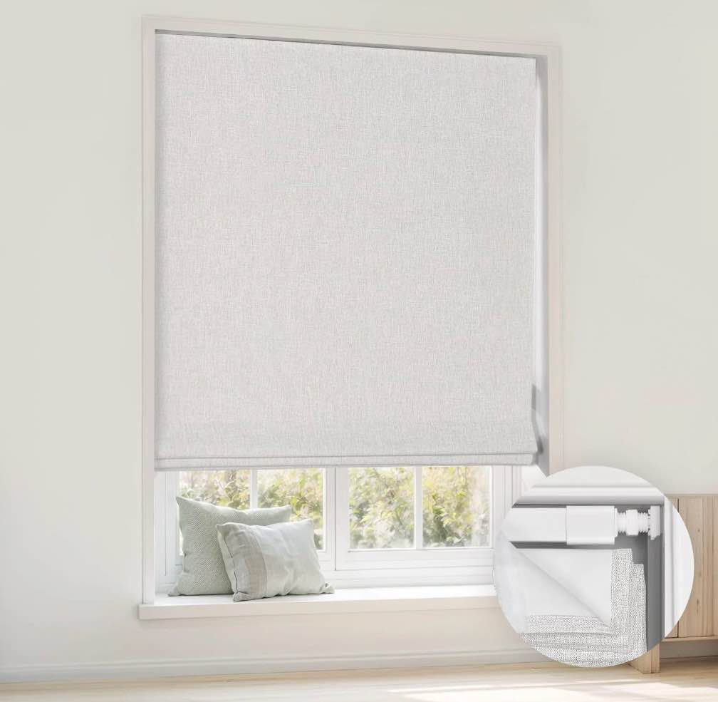 LazBlinds No Tools No Drill Cordless Roman Shades for Windows  Blackout Thermal Insulated UV Blocking Window Blinds  Room Darkening Fabric Blinds for Indoor Windows  33   W x 64   H  Off White