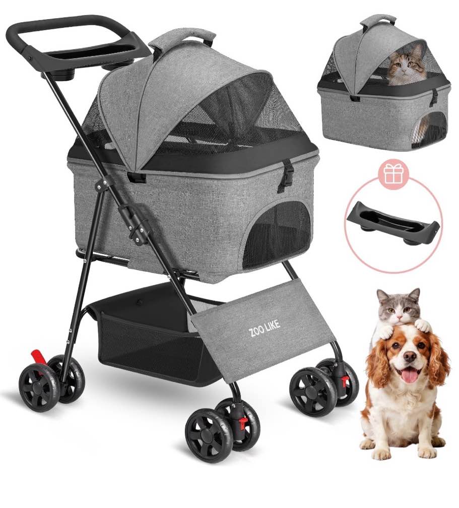 zoolike 3 in 1 pet stroller for dogs and cats,4 wheel foldable stroller with detachable carrier&storage basket,grey