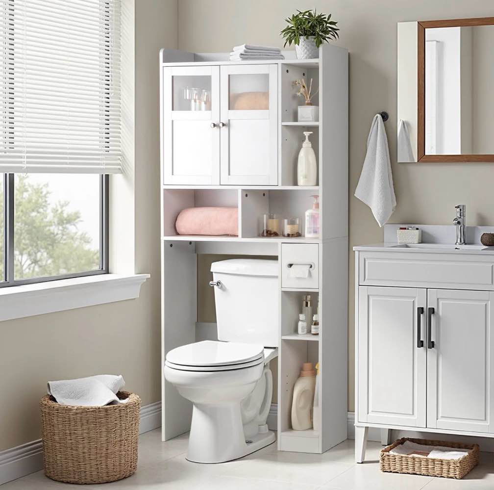 ktaxon over the toilet bathroom storage cabinet space saver with 2 doors and 4 adjustable shelves, white