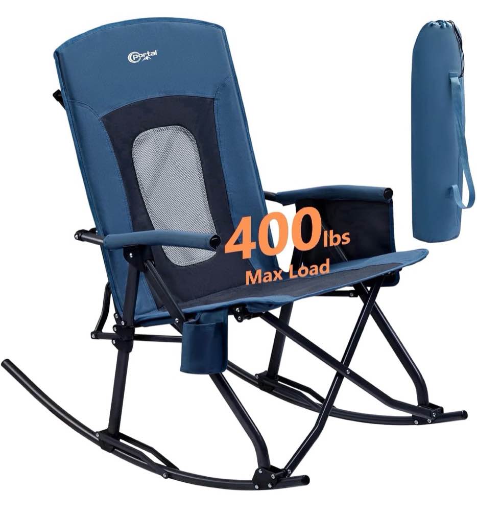 portal folding camping rocking chair, portable outdoor rocker with mesh high back, supports 400 lbs, blue
