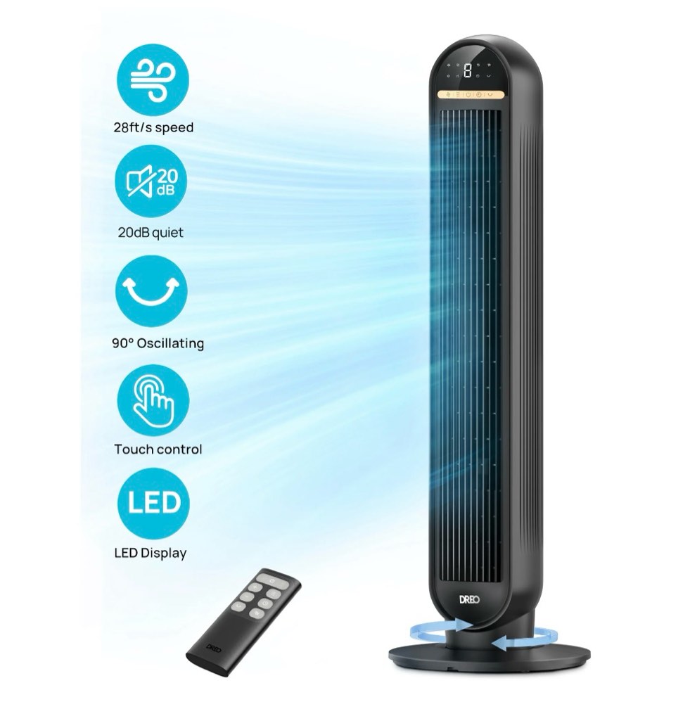 DREO 36  Tower Fan  20dB Ultra Quiet Fans for Home  8 Speeds & 4 Modes  28ft/s Powerful Airflow  90° Oscillating Standing Fan with Remote  8H Timer  2026 New Upgraded