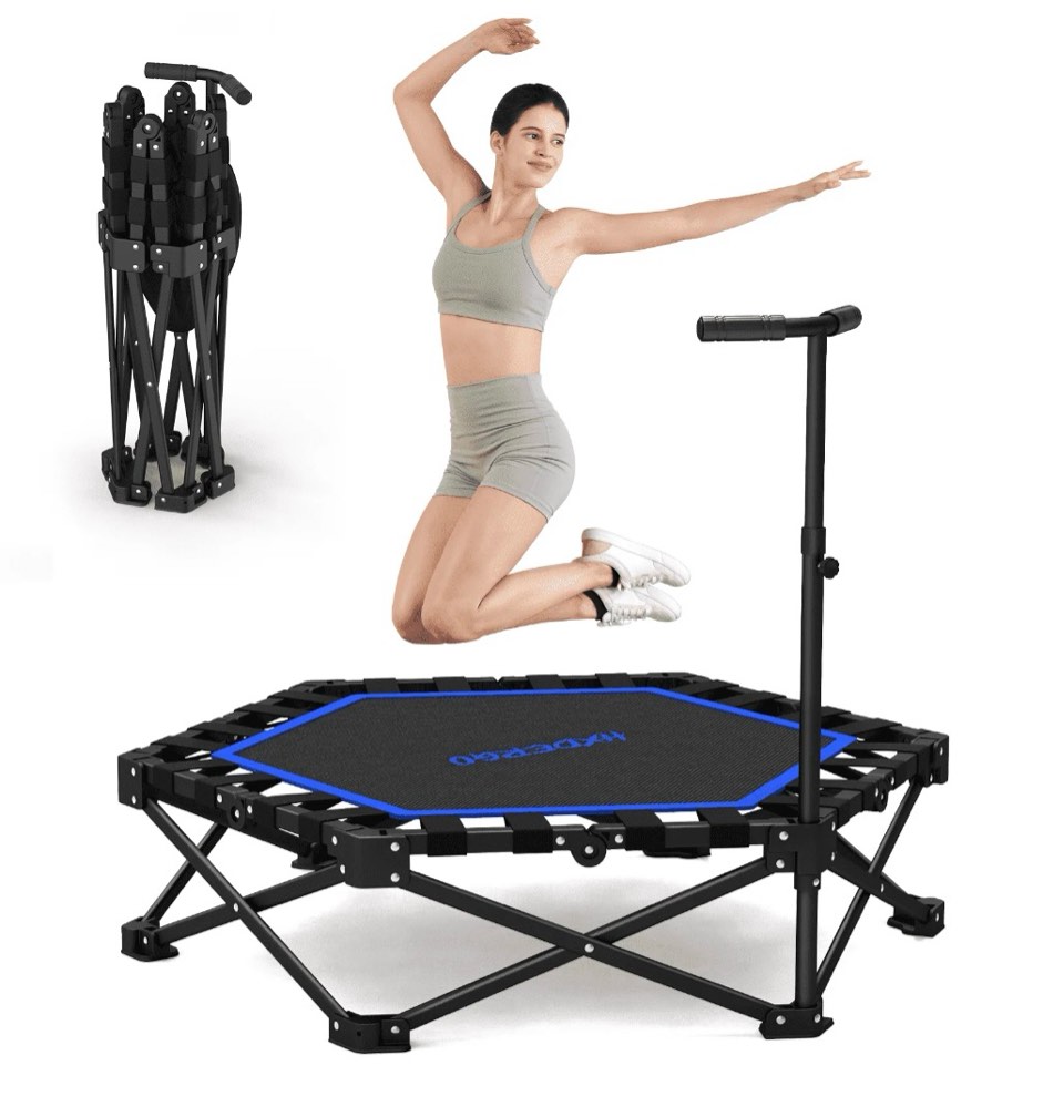 hxd-ergo 42'' foldable mini trampoline, rebounder trampoline with adjustable foam handle, fitness trampoline for indoor, outdoor, home gym, max load 460lbs