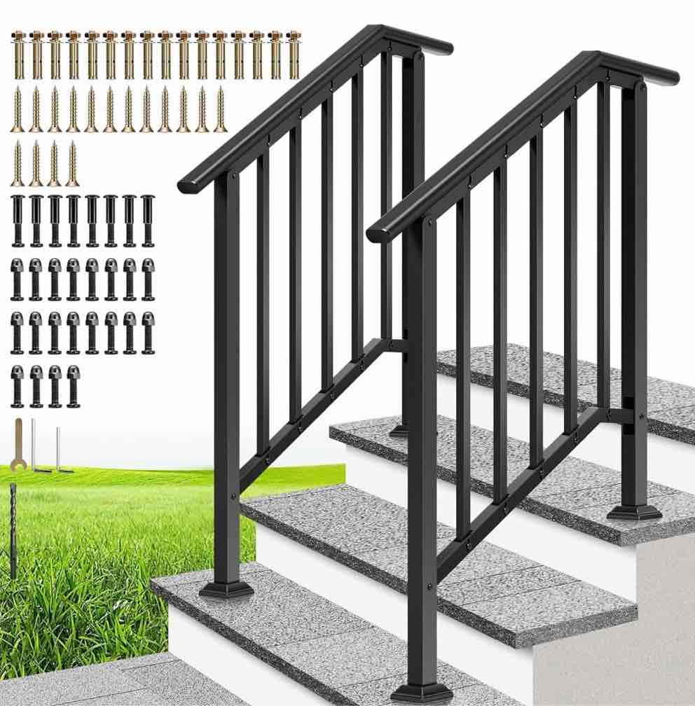 specstar 2-pack galvanized steel hand rails for outdoor steps – 27.1" black oval and safety balusters exterior railing kit for porch, deck, or indoor stairs (3-step, black)