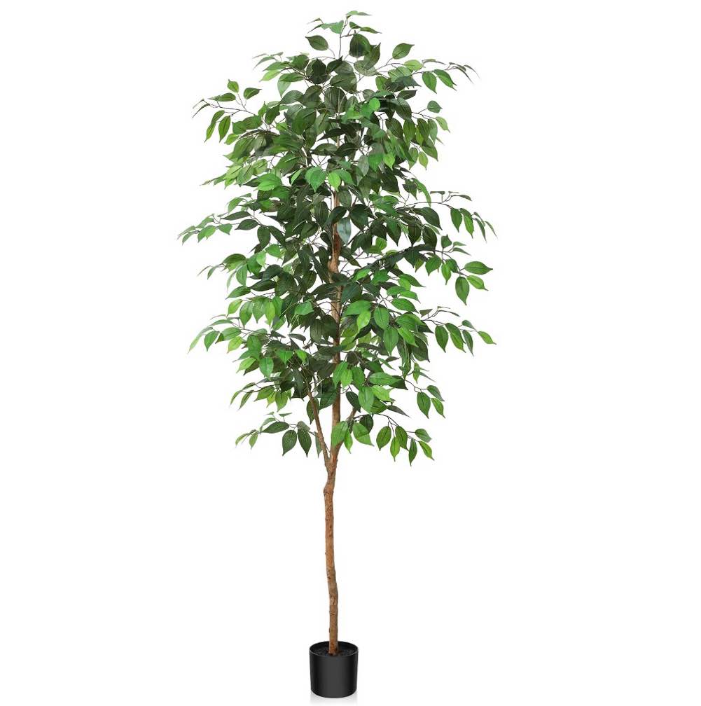 6ft artificial ficus tree with natural wood trunk and lifelike leaves, silk fake potted tree with wood branches, faux tree for office home decor