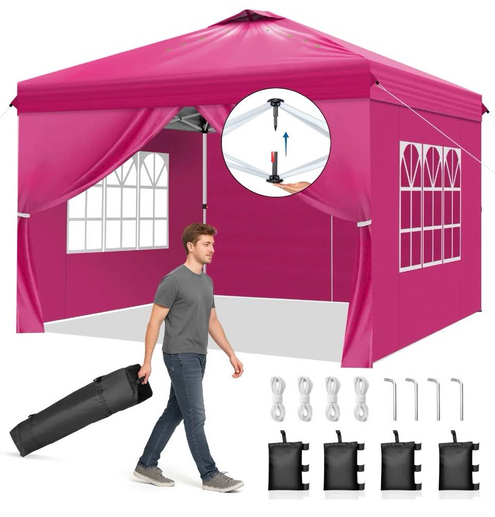 ktaxon 10x10 ez pop up canopy tent outdoor sun shade shelter outdoor gazebo one push setup with sidewalls 1 roller bag 4 sandbags upf50+ - pink