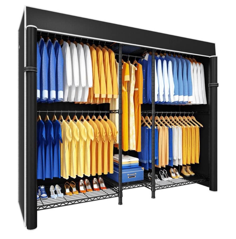 ulif e12c heavy duty closet organizer system - adjustable garment rack with dustproof cover, 960lbs capacity freestanding clothing rack (71"w x 76.5"h, black/grey)
