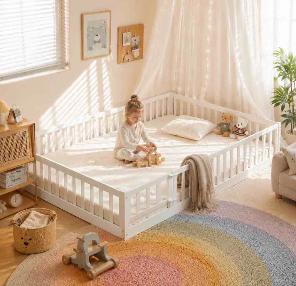 zimtown montessori floor bed frame, full size kids toddler bed with fence and door, wooden platform bed, white