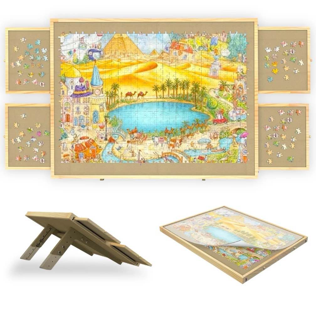 1000 piece puzzle board with drawers and cover, adjustable tilting puzzle board, portable wooden jigsaw puzzle table for adults as a gift