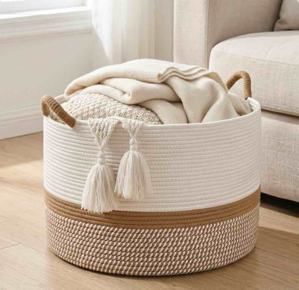 large cotton rope storage basket (20"x13") – woven hamper for blankets, laundry, toys, pillows, nursery & living room, white/brown