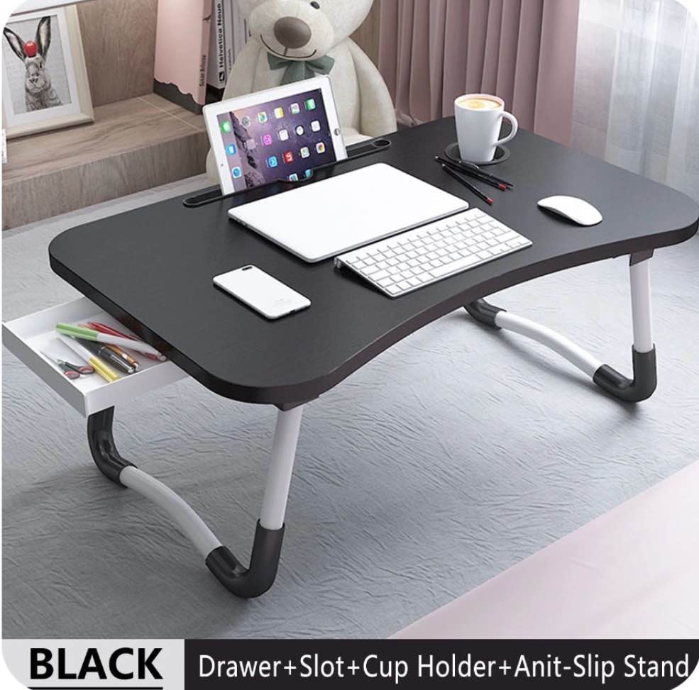 phancir foldable lap desk 23.6 inch portable wood laptop desk table workspace organizer bed tray with ipad slots cup holder and drawer anti-slip for working reading writing eating watching-black