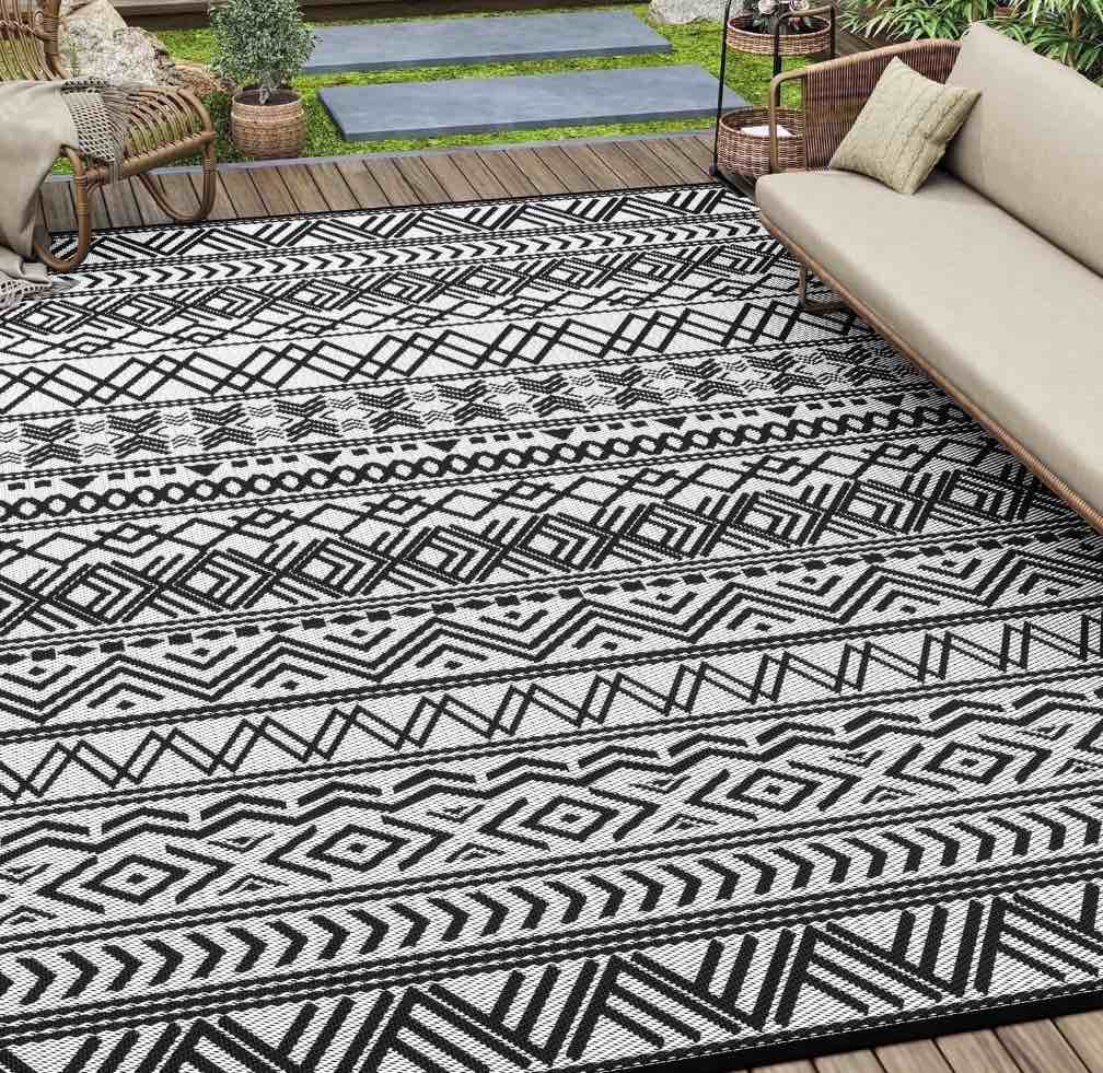 sixhome outdoor rug 6 x9  waterproof reversible patio rug boho geometric indoor outdoor rugs lightweight plastic straw ourdoor carpet for rv camping deck balcony modern porch decor black and white