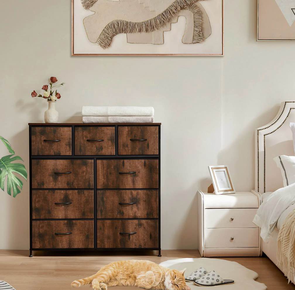concetta 9-drawer fabric dresser, tv cabinet sideboard, storage organizer cabinet for living room, bedroom, office, rust