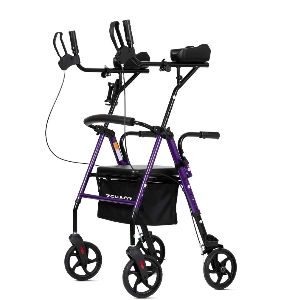 zenart upright rollator walker for seniors, foldable stand up rolling mobility aids with padded seat,purple