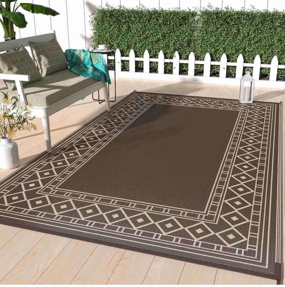 deorab 9 x12  outdoor rugs patio reversible plastic camping carpet waterproof outside mat coffee & brown