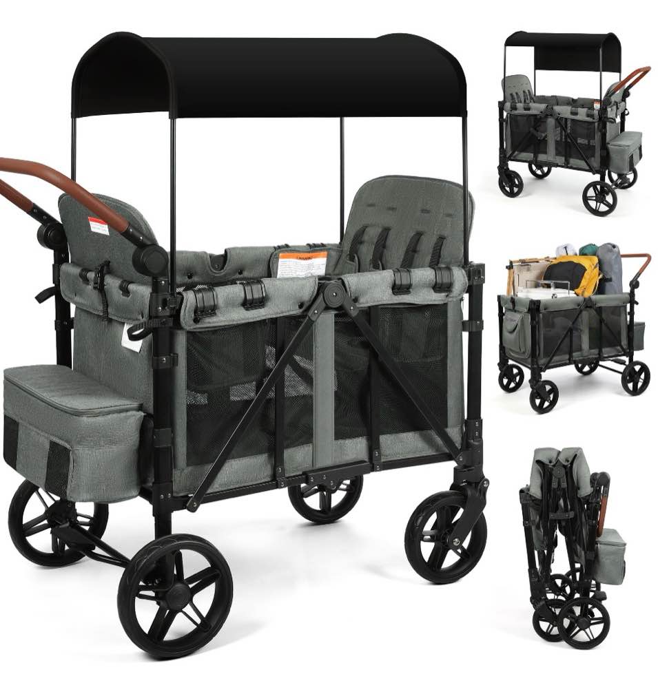 vomeast wagon stroller for 4 kids, 3-in-1 outdoor baby stroller wagon with canopy, 5-point harness, adjustable handlebars, removable seat for toddlers, grey