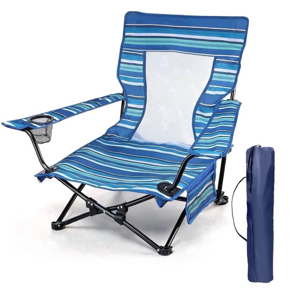 walchoice folding beach chair for adults, low seat camping chair with high back, wide seat chair with cup holder & carry bag, heavy duty portable chair for outdoor picnic travel - blue/white/green
