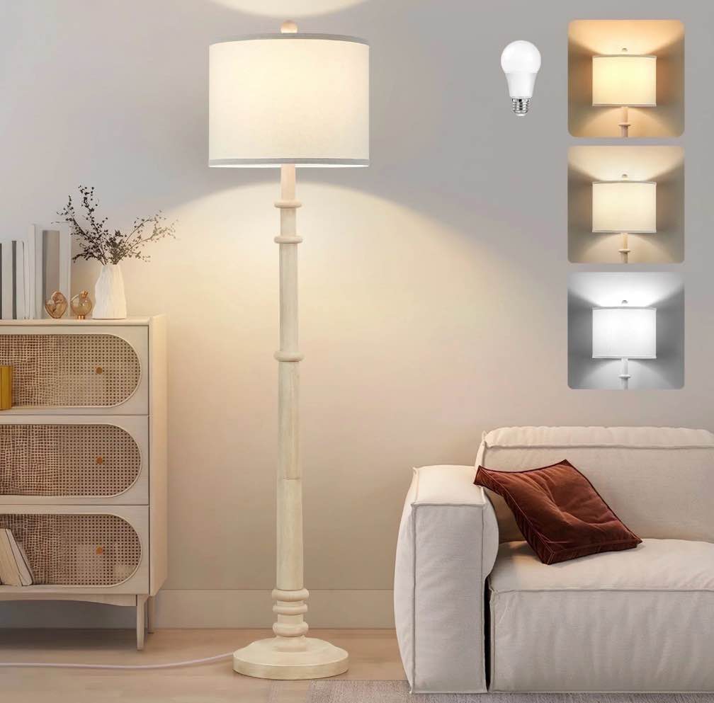 natyswan floor lamps for living room 3 color temperatures standing lamps with white linen shade 60 vintage tall pole light for reading bedroom bulb included