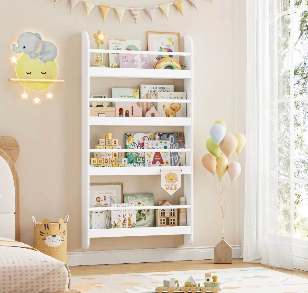 homfa 4-tier wall bookshelf 44.5 h wall mounted kids bookshelf book storage rack for kids room nursery white