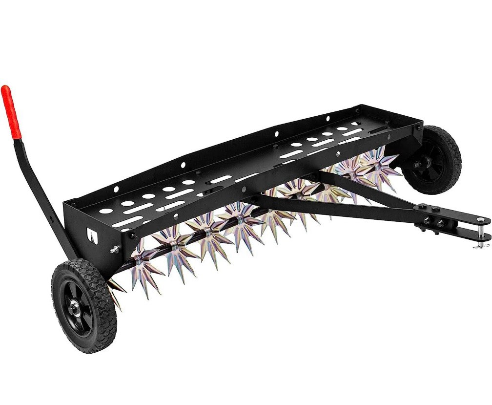 suchtale 40-inch tow behind spike aerator with galvanized steel tines durable lawn aerator soil penetrator spikes tractor with extra-wide tow bar for lawn and farm black