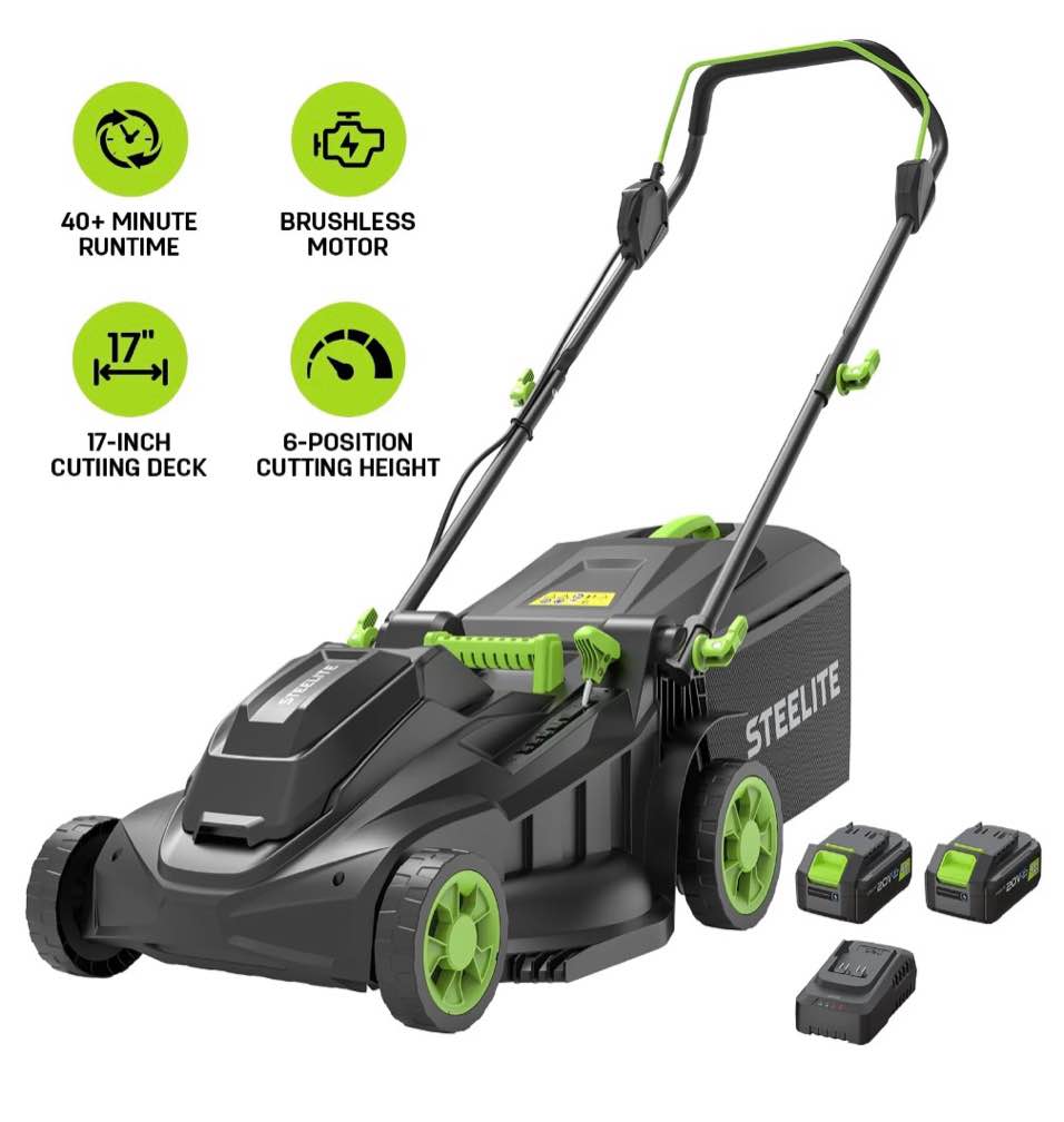 steelite 17-inch cordless lawn mower, 2x21v electric lawn mowers with brushless motor for garden,2*4.0ah battery & charger included