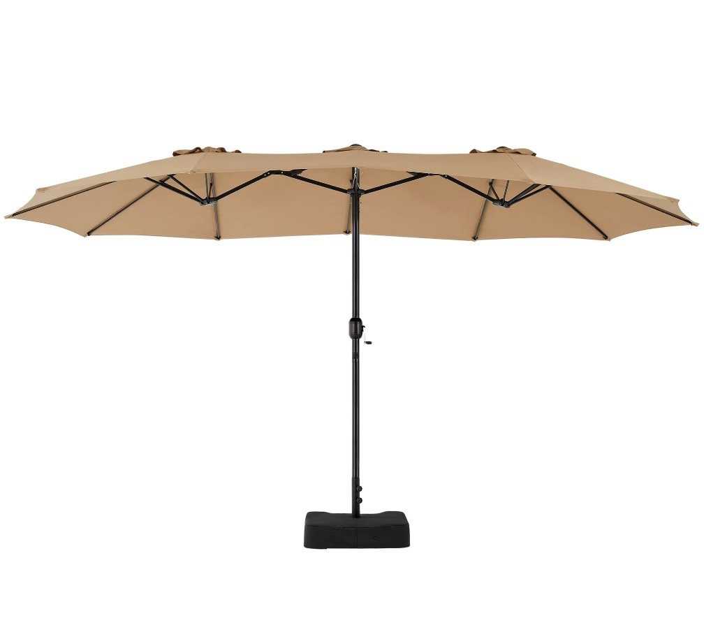 edx 15ft patio umbrellas (base included), large outdoor double-sided rectangle market umbrella with stand for poolside, lawn, and backyard, khaki