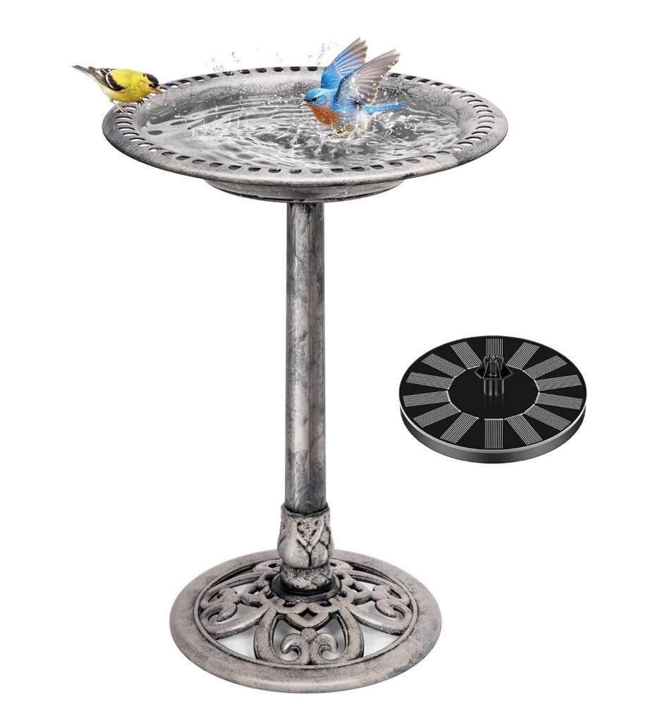 specstar bird bath polyresin antique outdoor gray garden birdbath and solar powered round pond fountain combo set