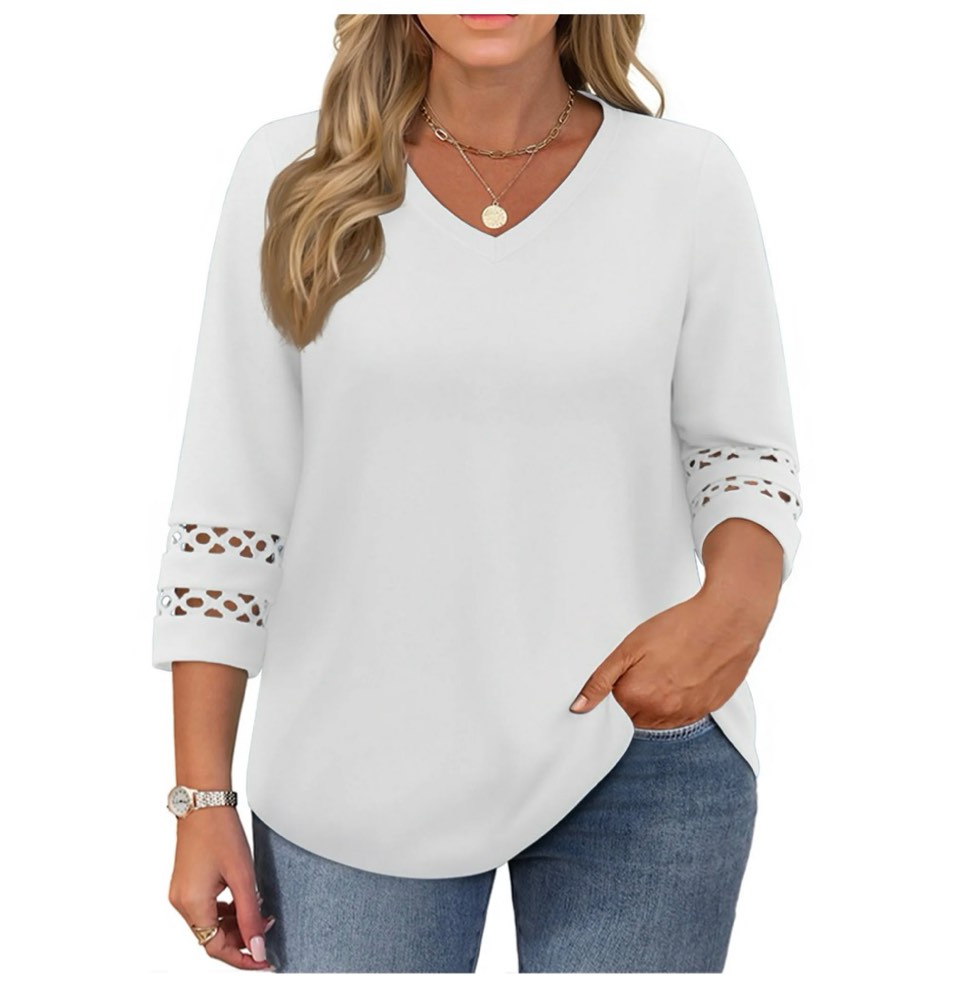 wellsize 3/4 sleeve womens plus size tops v neck trendy tunic fall blouses curved hem casual shirts 4xl