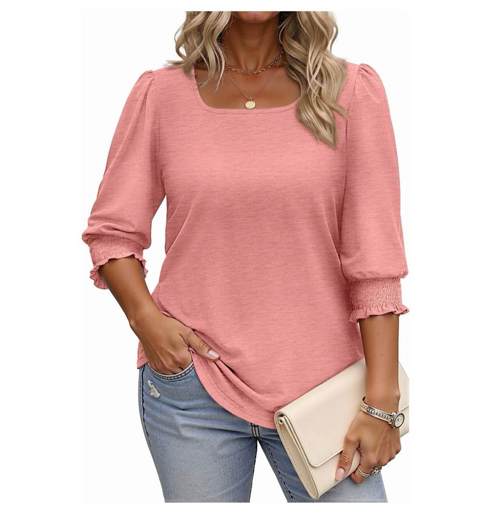 wellsize 3/4 sleeve womens plus size tops dressy square neck casual blouses smocked cuffs summer shirts 5xl