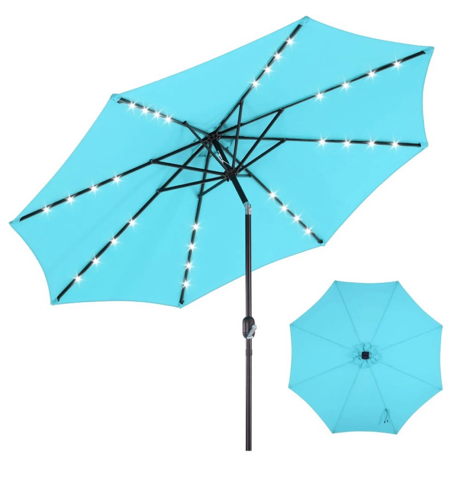 edx 10ft solar 32 led lights patio umbrella with tilt adjustment and uv-resistant polyester fabric?market umbrella for outdoor, lake blue
