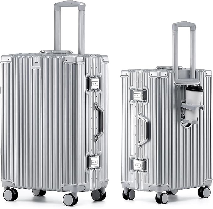 hotway 24 inch aluminum frame luggage with spinner wheels, pc hard shell suitcase with cup holder, zipperless luggage for business travel, silver