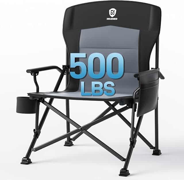 ever advanced oversized folding camping chair high back lawn chair for adults with side pockets & cup holder support up to 500lbs black