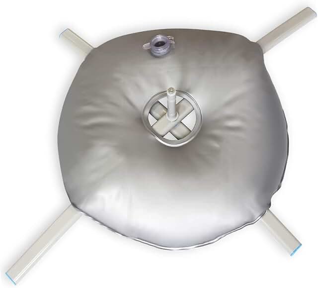 anley foldable ground base with water bag - fits flutter feather banner flag pole with a 0.6  inner diameter - stainless steel stand with round weight bag for outdoor business - base only