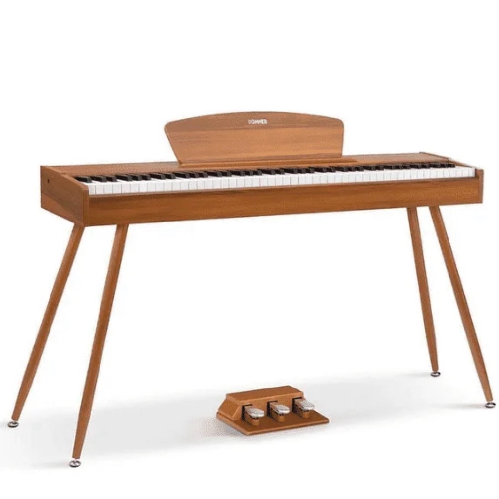 donner ddp-80 digital piano 88 key weighted keyboard  full-size electric piano for beginners  with sheet music stand  triple pedal  power adapter  supports usb-midi connecting  retro wood color