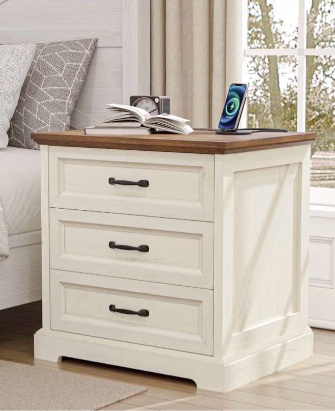 hommpa farmhouse 3 drawers nightstand with charging station, rustic wood night stand with drawers for bedroom, vintage bedside table small dresser chest of drawers for living room, white