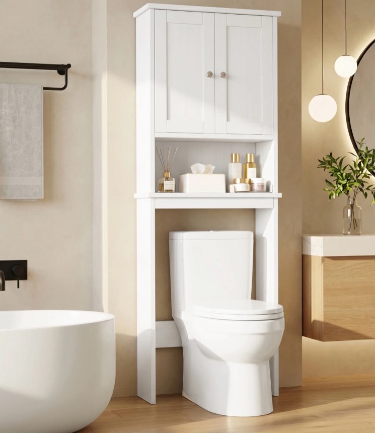 walsunny over the toilet storage cabinet bathroom shelves organizer space saver freestanding restroom shelf with doors anti-tip device adjustable shelf white