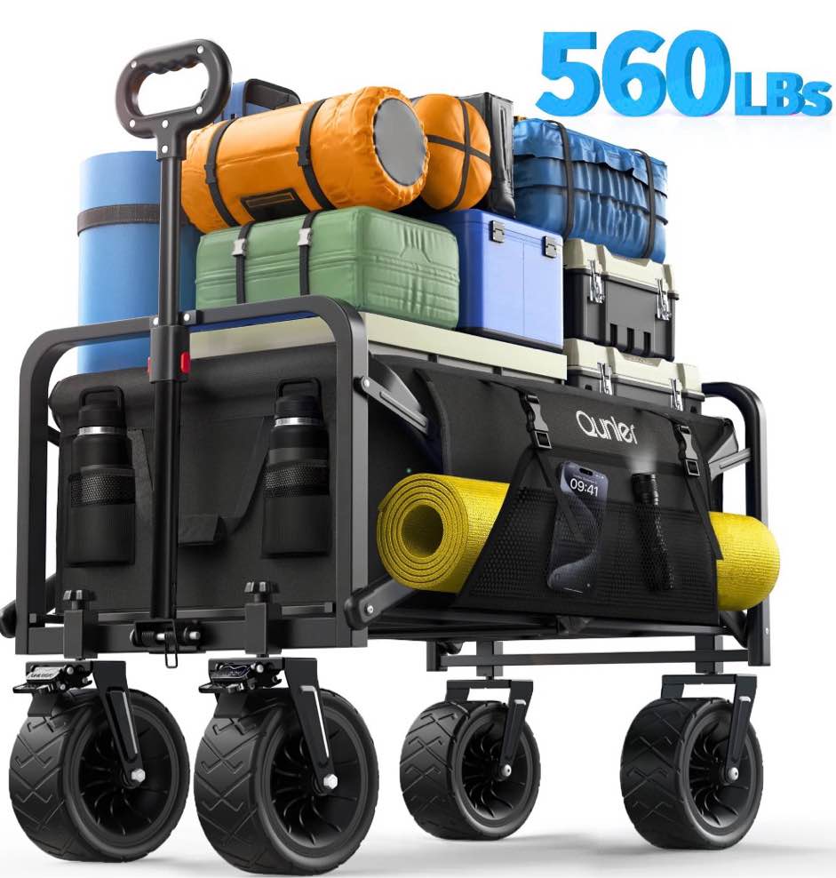 qunler collapsible wagon cart, 560lbs heavy duty large utility garden cart with brake wheels and side pocket for camping, shopping, kids, sports, grocery, black