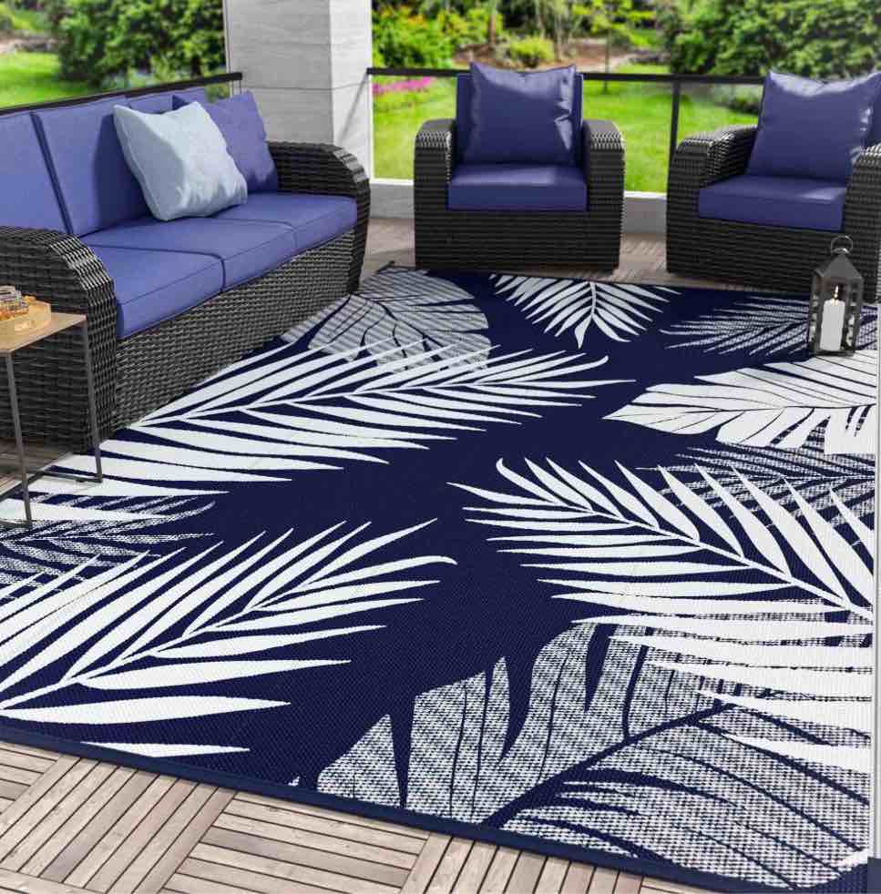 deorab 10 x14  outdoor rugs patio waterproof outside mat reversible plastic camping carpet navy blue & white