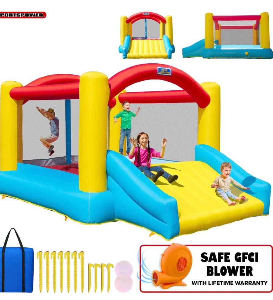 sportspower inflatable bounce house with slide for kids  indoor outdoor bouncy castle jumper  blow up jump house with air blower  backyard playground  astm certified  heavy duty  my first jump n play