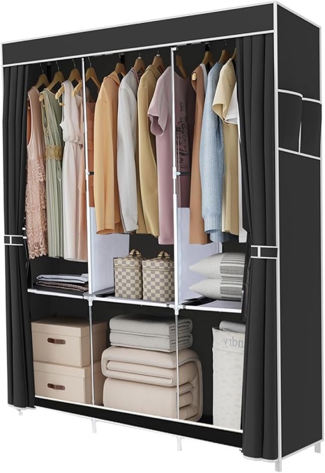 youpins clothes organizer 3 hanging rod shelf portable closet with cover clothes rack standing closet clothes storage wardrobe garment cabinet dark grey 