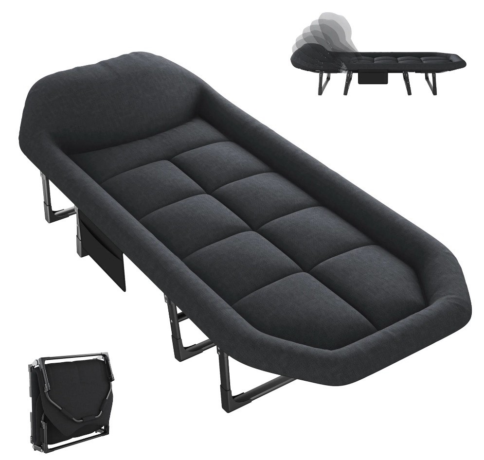 JIOABL Folding Camping Cot for Adults with Headrest & Mattress, 71 Inch Portable Sleeping Bed for Camping, Travel, Black