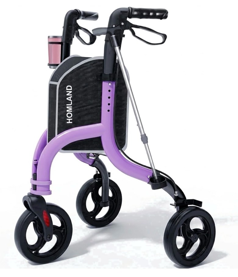 HOMLAND 3-Wheel Folding Walkers for Seniors, Lightweight Three Wheel Walker with Cane and Cup Holder, Height Adjustable Narrow Space Mobility Aid - Purple
