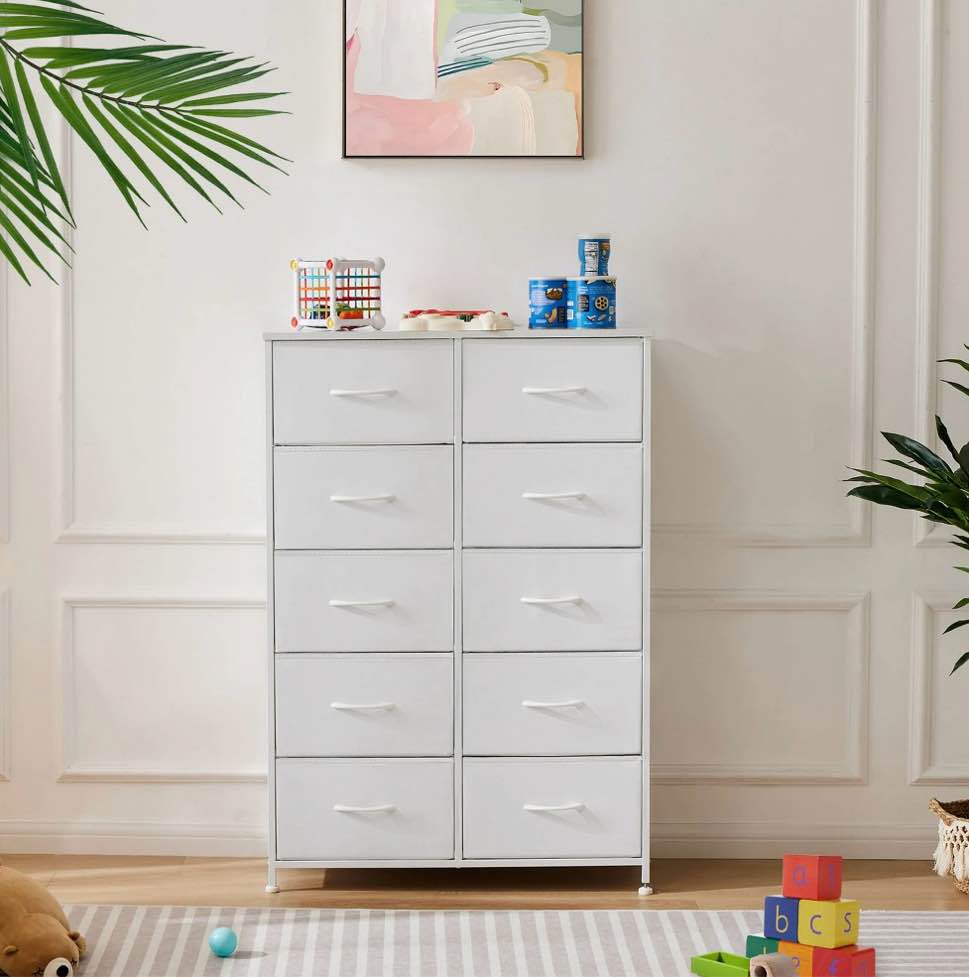 CONCETTA 10-Drawer Fabric Storage Cabinet for Adults, Organizer Furniture for Living Room, Office, Kitchen, Hallway, White